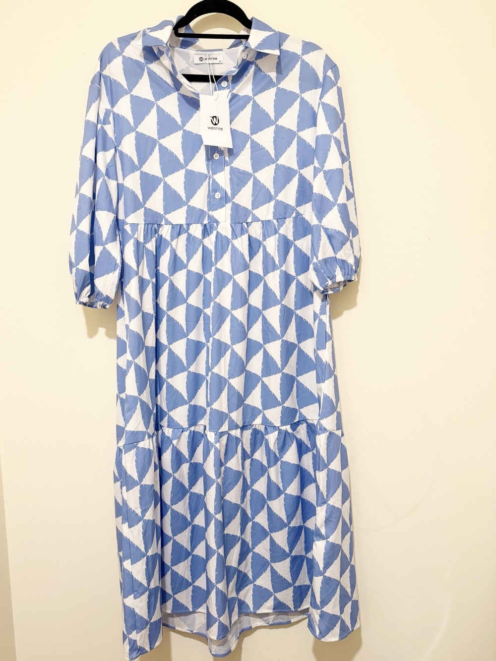 SHEIN Blue and White Geometric Tiered Button-Front Dress